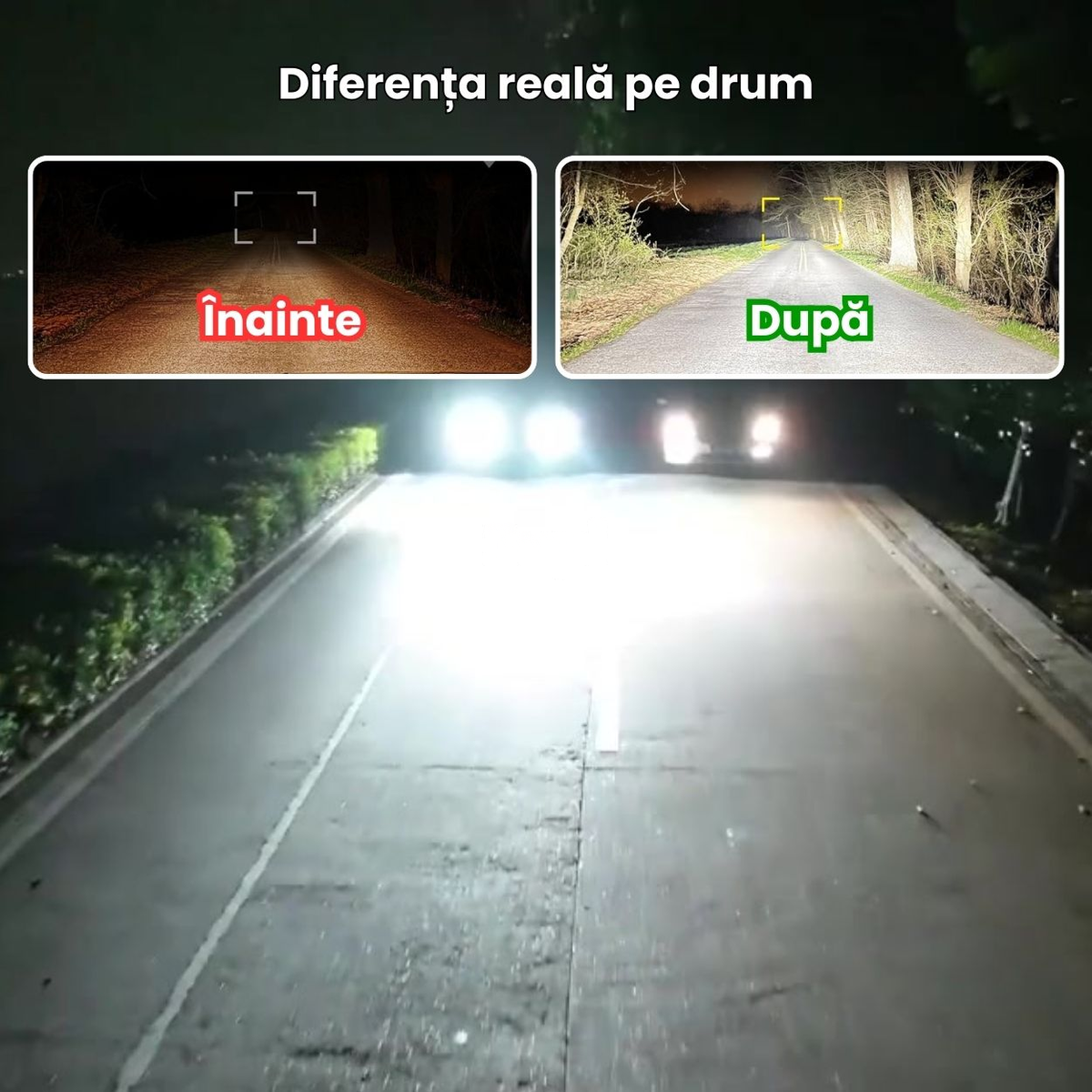Lumina farurilor înainte și după becurile noi, pe drum noaptea