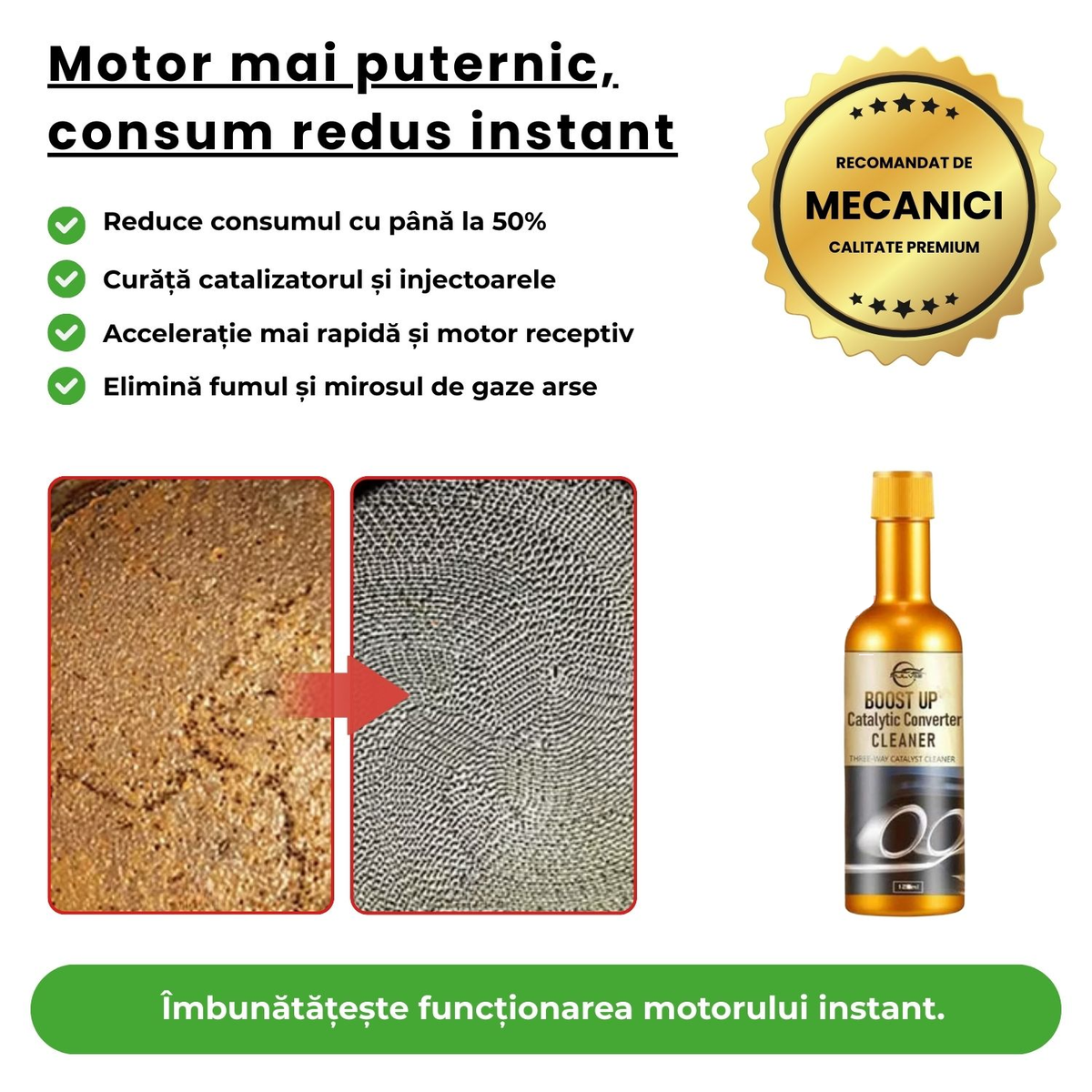 Catalizator înainte și după curățare, lângă sticla de aditiv pentru catalizator