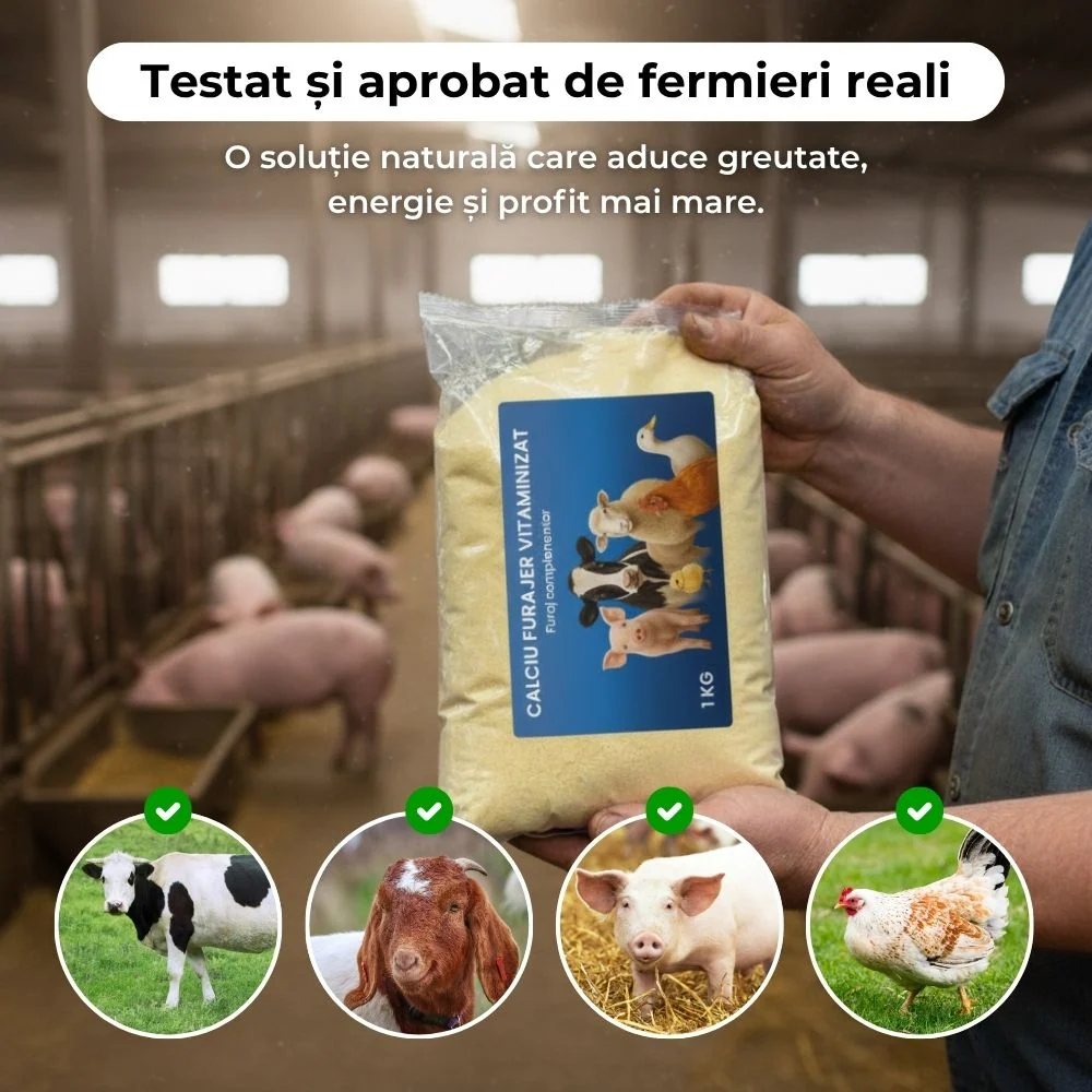 Fermier care ține sacul de calciu furajer, lângă porci