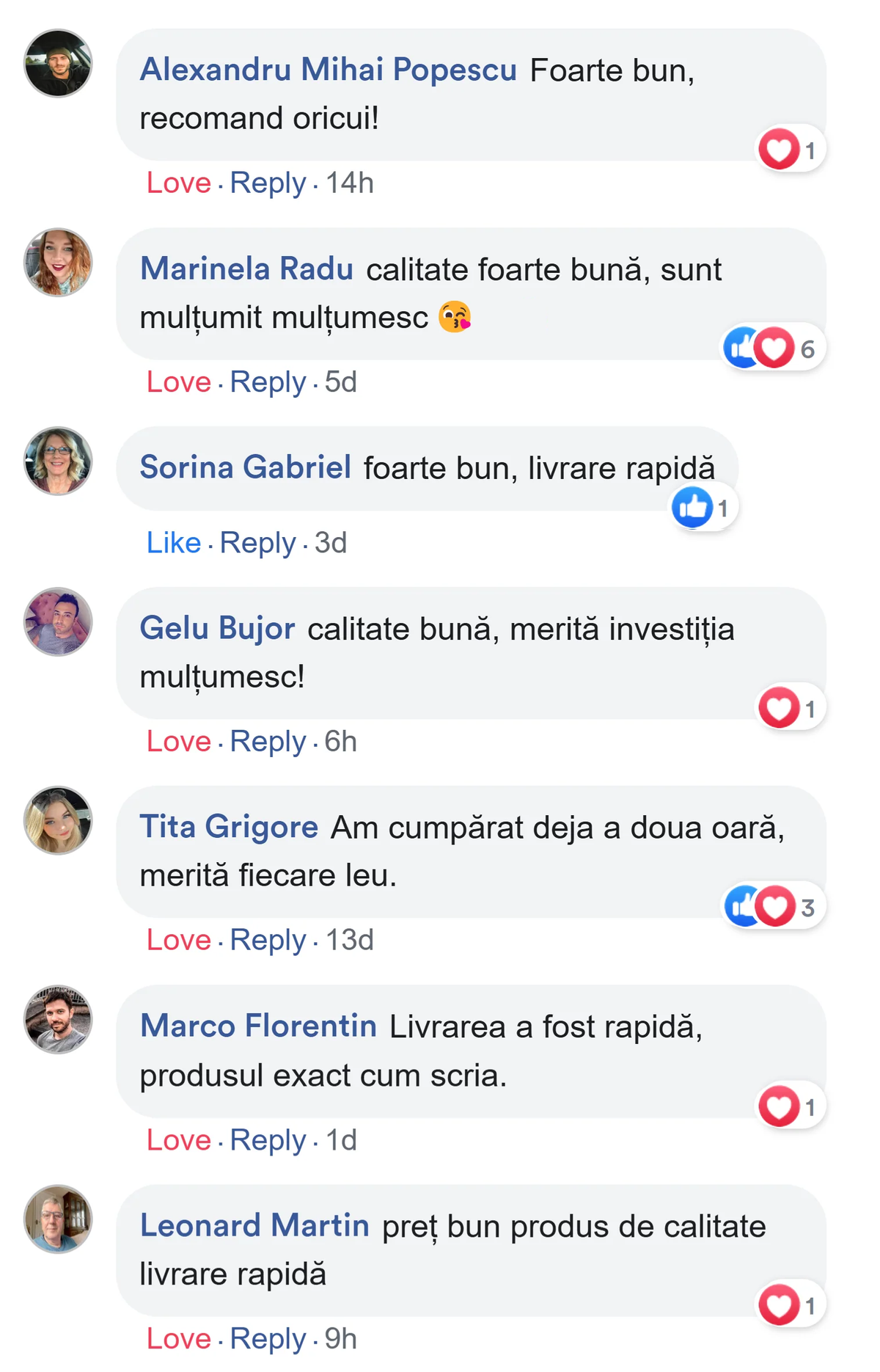 Comentarii de la clienți mulțumiți de calitate și de livrarea rapidă