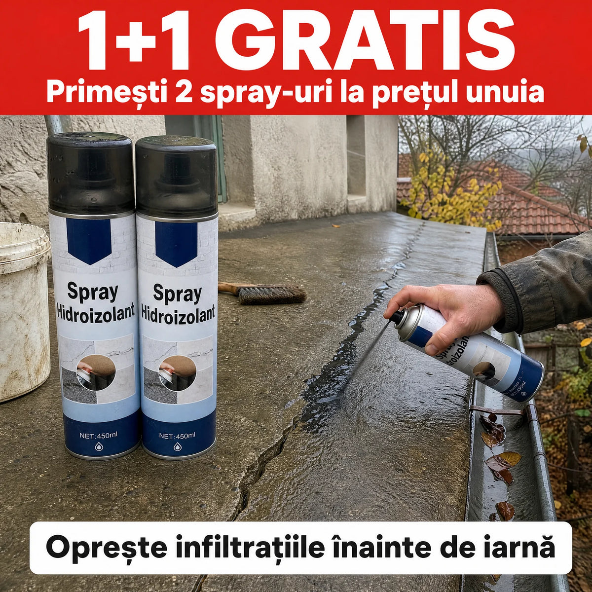 Două spray-uri hidroizolante pe marginea unei terase, în timp ce o fisură e sigilată